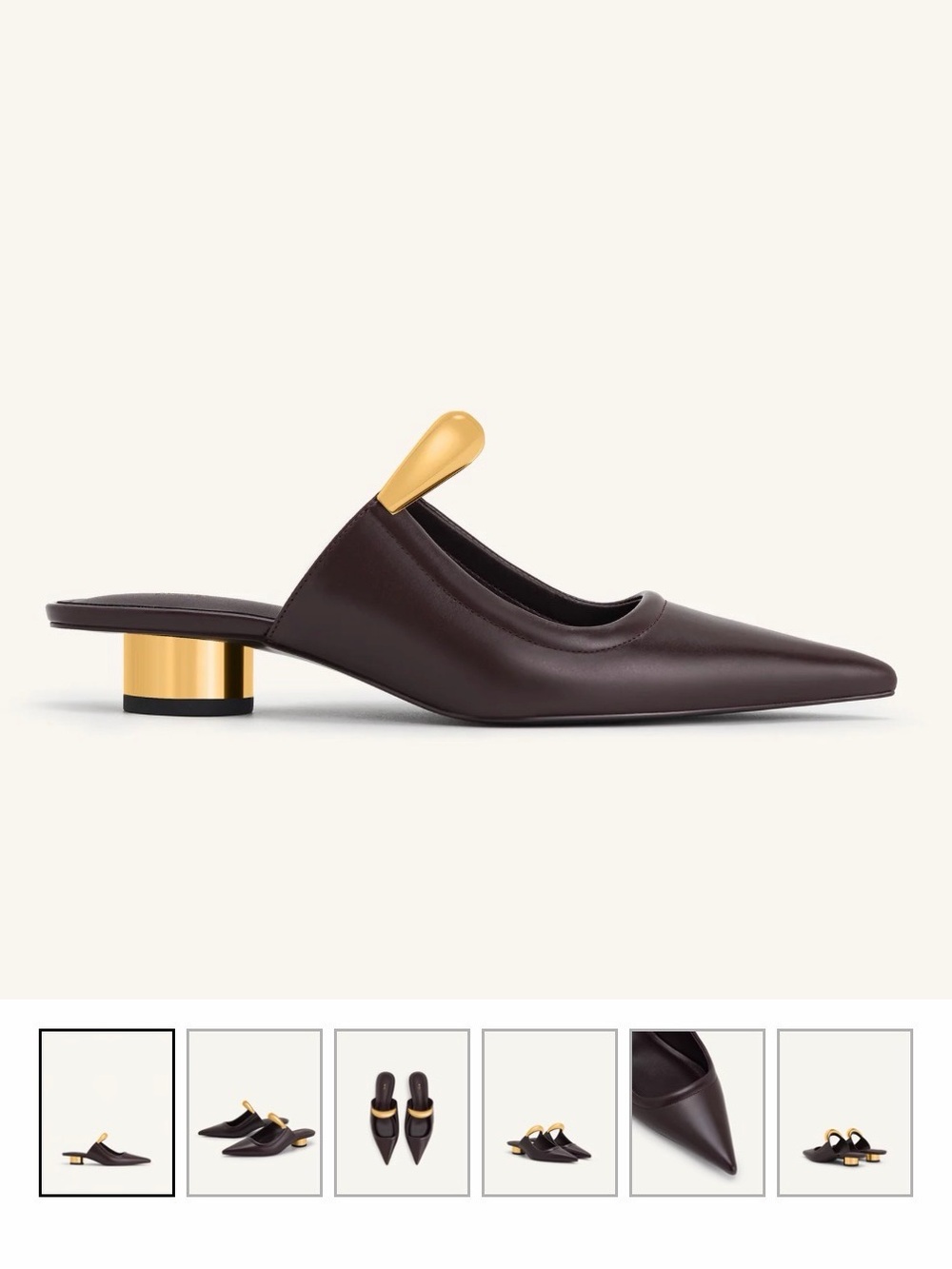 JW PEI Pointed Leather Mule in Dark Brown with Gold Accent